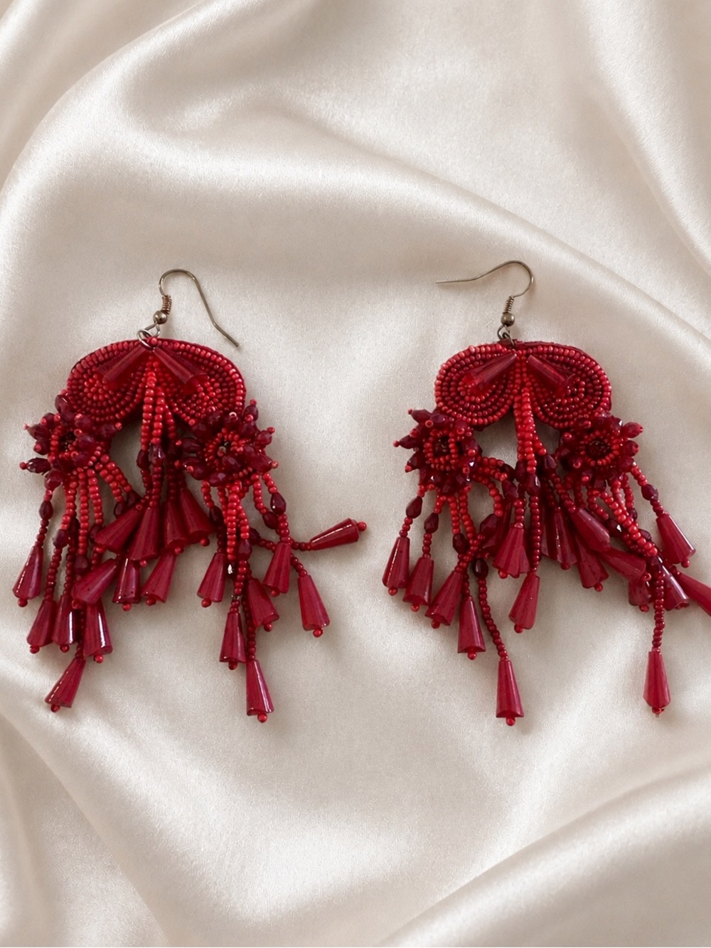 Zara Red Beaded Fringe Statement Earrings